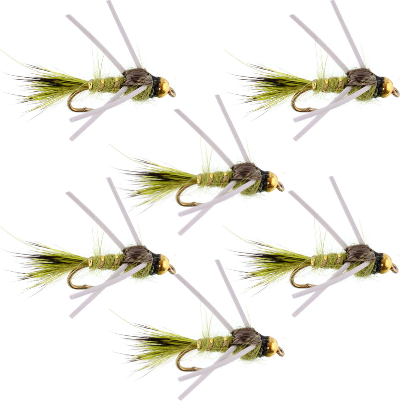 Load image into Gallery viewer, Tungsten Bead Head Rubber Legs Olive Gold-Ribbed Hare's Ear Trout Fly Nymph - 6 Flies Hook Size 12
