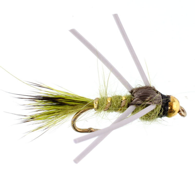 Load image into Gallery viewer, 3 Pack Tungsten Bead Head Rubber Legs Olive Gold-Ribbed Hare&#39;s Ear Trout Fly Nymph - Hook Size 14

