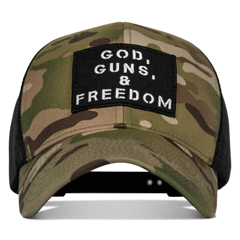 Load image into Gallery viewer, God, Guns, And Freedom Patch Mid-Profile Mesh Snapback Hat
