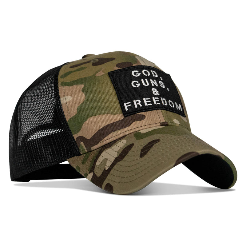 Load image into Gallery viewer, God, Guns, And Freedom Patch Mid-Profile Mesh Snapback Hat
