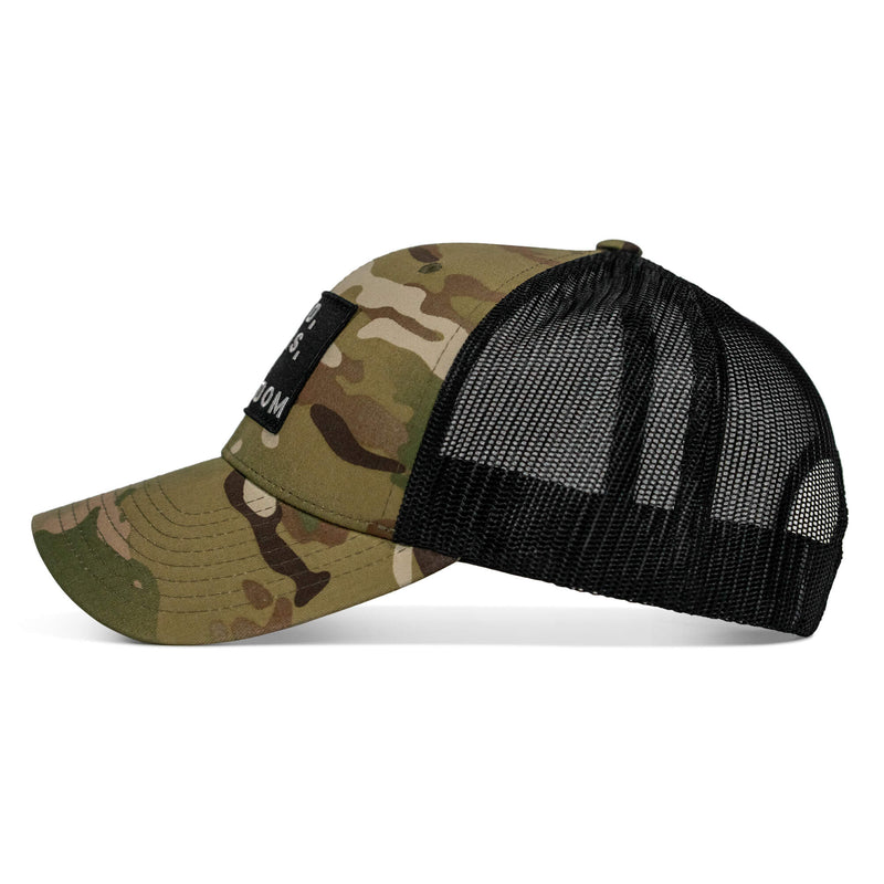 Load image into Gallery viewer, God, Guns, And Freedom Patch Mid-Profile Mesh Snapback Hat
