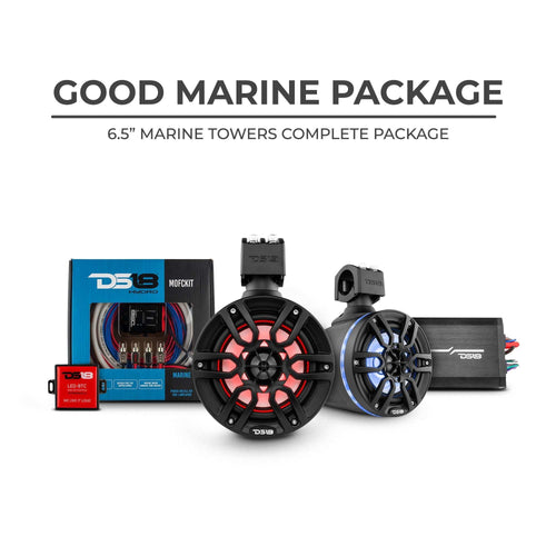 DS18 Good Marine Stereo Package 2 x 6.5” Speaker Tower| 1 x 2 Ch Amplifier | 1 x MOFCKIT4 and 1 x LED-BTC - Skoutley Outdoors LLC