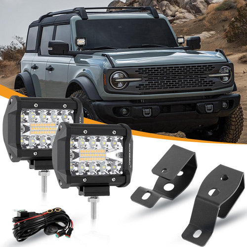 4 Inch 6 Modes White&Amber LED Working Light LED Pods with A-Pillar Mounting Bracket For Ford Bronco 2/4 Door 2021 2022