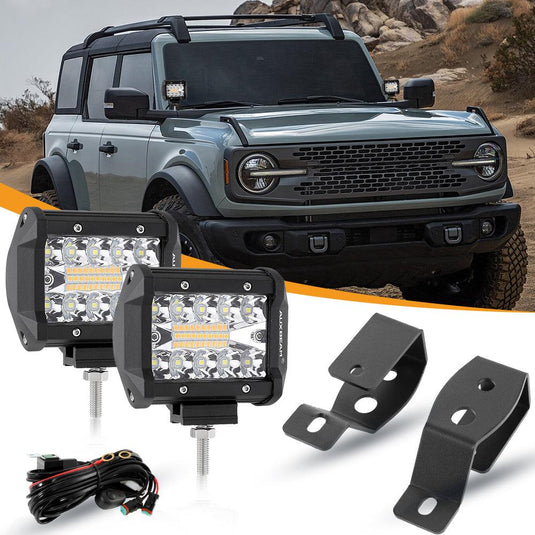 4 Inch 6 Modes White&Amber LED Working Light LED Pods with A-Pillar Mounting Bracket For Ford Bronco 2/4 Door 2021 2022