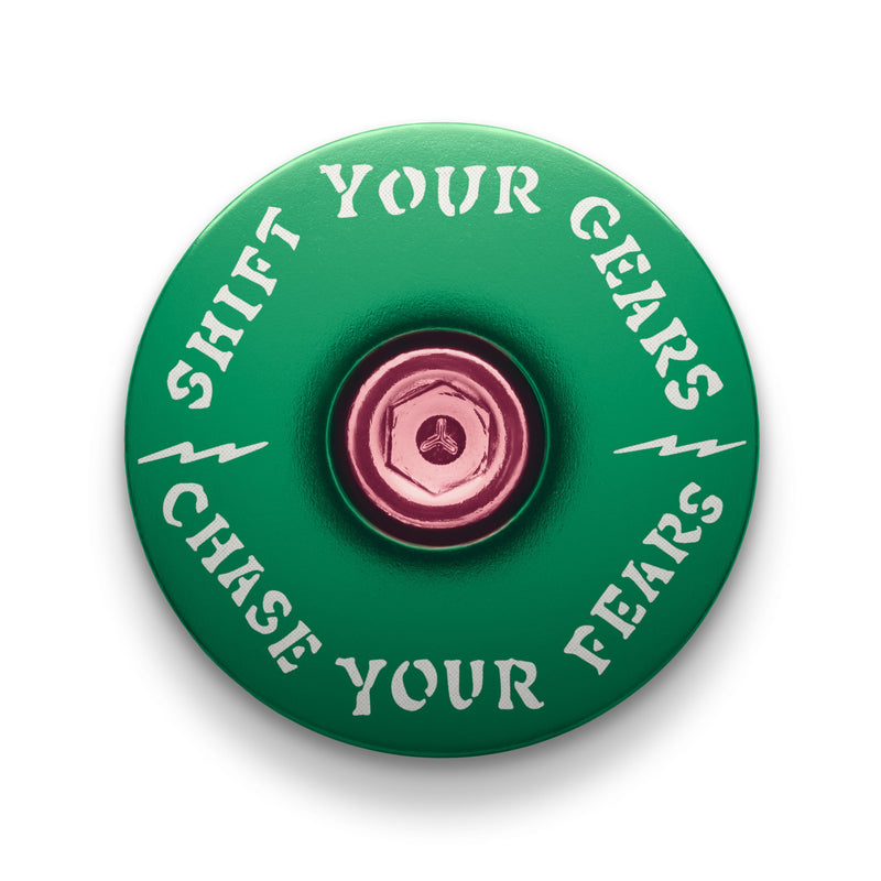 Load image into Gallery viewer, Chase Your Fears Go Fast Don't Die x Dispatch - Custom Bicycle Headset Cap
