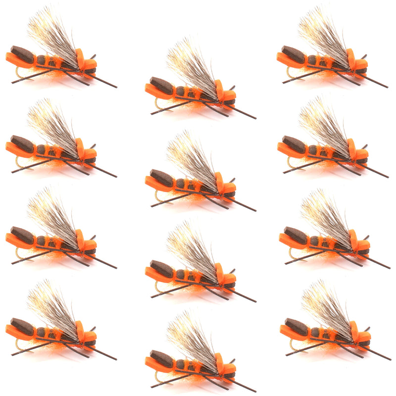 Load image into Gallery viewer, Orange Godzilla Hopper - Foam Grasshopper or Adult Salmonfly Fly Pattern - 1 Dozen Flies Hook Size 10
