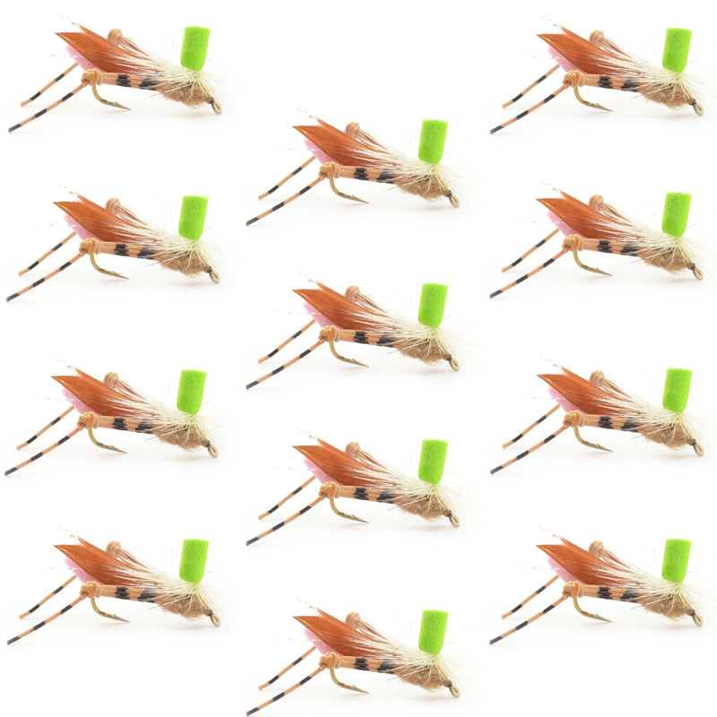 Load image into Gallery viewer, Green Top Hopper Foam Body Grasshopper Fly - 1 Dozen Flies Hook Size 10
