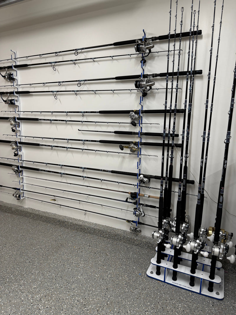 Load image into Gallery viewer, Made in the USA Fishing Rod Rack | 12 Pole Waterproof Wash-down | Dock, Garage, Boat, Storage

