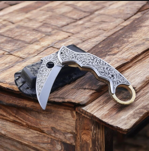 Hand-Engraved J2 Steel Folding Knife with Leather Case - 7.5