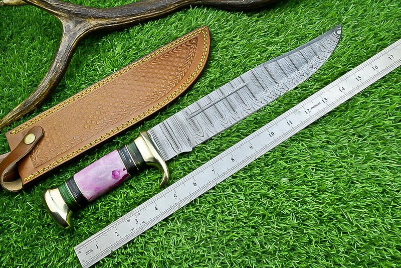 Load image into Gallery viewer, Damascus Steel &quot;The Bowie&quot; Knife - 16&quot; with Brass Guard and Resin Pakkawood Handle, Leather Sheath Included
