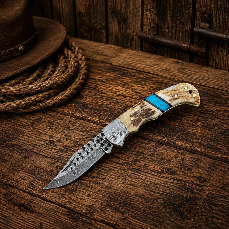 Load image into Gallery viewer, Cowboy Damascus Steel Folding Pocket Knife – Antler &amp; Turquoise Handle
