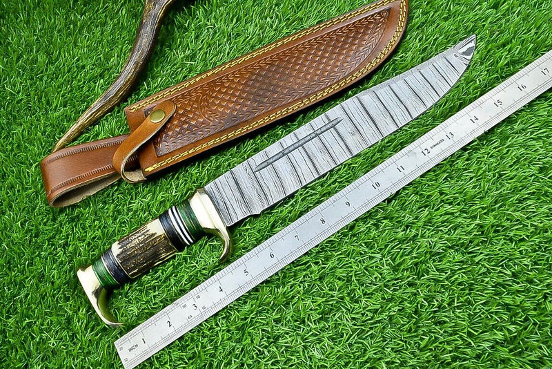 Load image into Gallery viewer, Custom Handmade Damascus Steel Bowie Knife with Stag Horn Handle – 16" Blade with Leather Sheath
