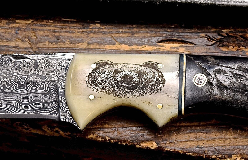 Load image into Gallery viewer, Handmade Damascus Skinning Knife with Camel Bone &amp; Sheep Horn Handle

