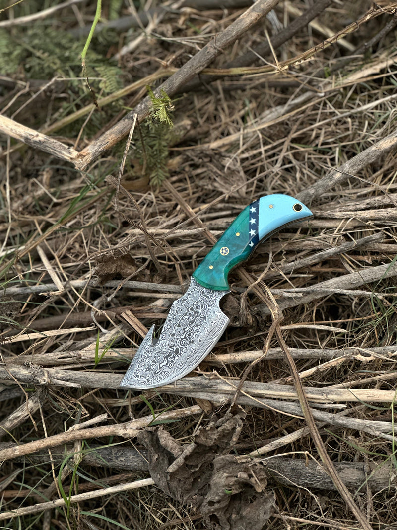 Load image into Gallery viewer, Elite Custom Handmade Damascus Steel Guthook Skinning Knife with Resin Handle - 7.5” Premium Blade with Leather Sheath
