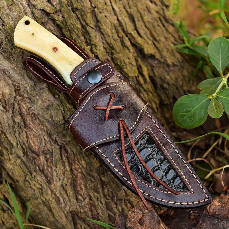 Load image into Gallery viewer, Premium Damascus Steel Skinner Knife – Custom Handmade with Camel Bone Handle
