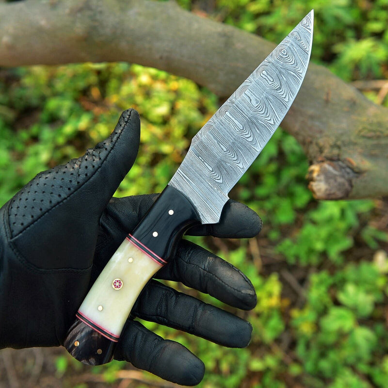 Load image into Gallery viewer, Custom Handmade Skinning Knife Set - 4.5&quot; Damascus Blade, Camel Bone &amp; Resin Handle
