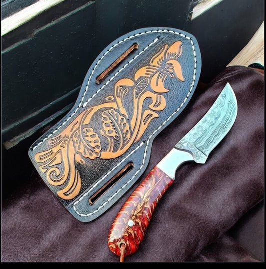 Handcrafted Damascus Steel Western Belt Knife – 7.5" with Leather Case
