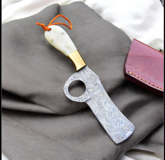 Handcrafted Western Belt Knife – Damascus Steel Blade with Camel Bone Handle & Leather Sheath