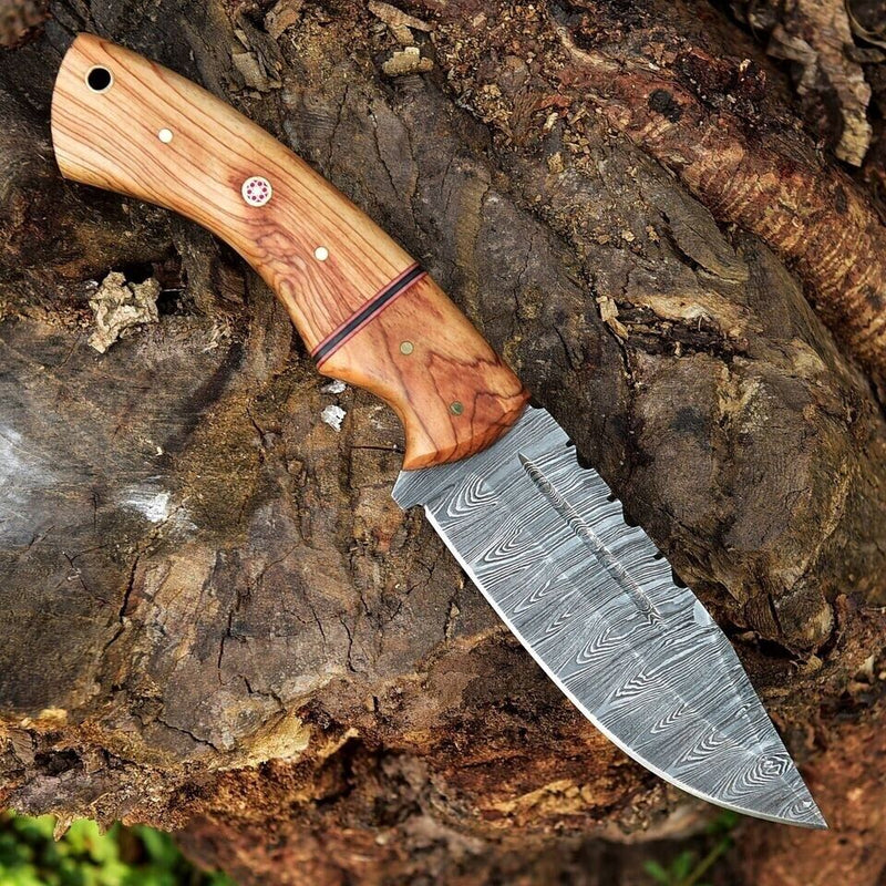 Load image into Gallery viewer, Custom Handmade 10&quot; Damascus Steel Hunting Knife with Olive Wood Handle &amp; Leather Sheath
