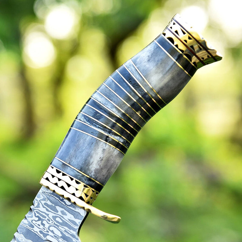 Load image into Gallery viewer, Vintage Damascus Steel Bowie Knife for Sale - 13" with Brass Guard and Camel Bone Handle
