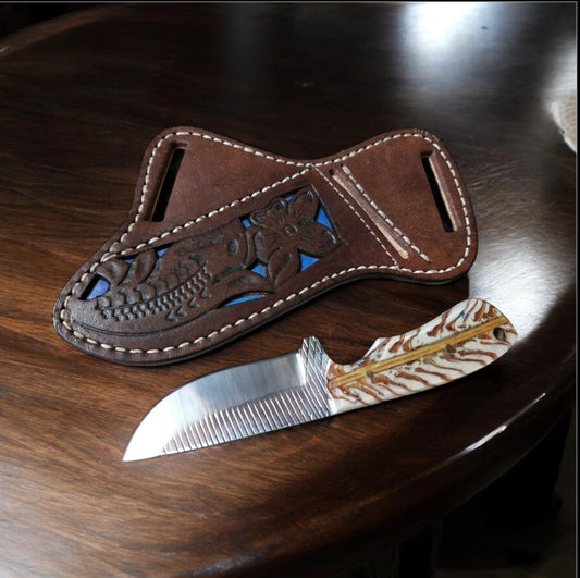 Handmade Cowboy Belt Knife with Rasp Steel Blade & Pine Cone Handle – Western Leather Sheath