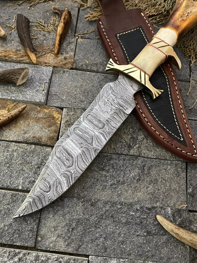 Load image into Gallery viewer, Custom Handmade Damascus Steel Bowie Knife – 13-Inch Blade with Bone and Brass Guard Handle, Includes Leather Sheath
