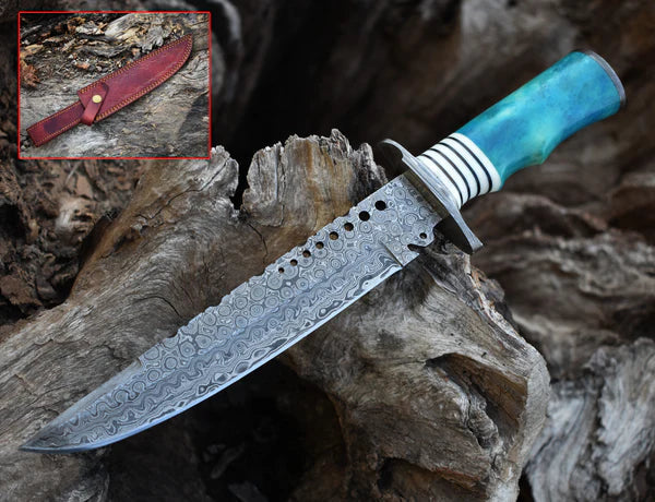Load image into Gallery viewer, Custom Handmade 13&quot; Damascus Steel Civil War Bowie Knife with Camel Bone Handle and Leather Sheath
