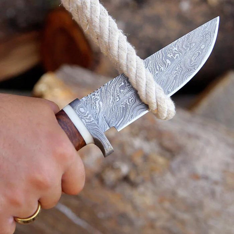 Load image into Gallery viewer, Damascus Steel Hunting Knife – 10" with Damascus Steel Guard &amp; Stag Horn Handle, Includes Leather Sheath
