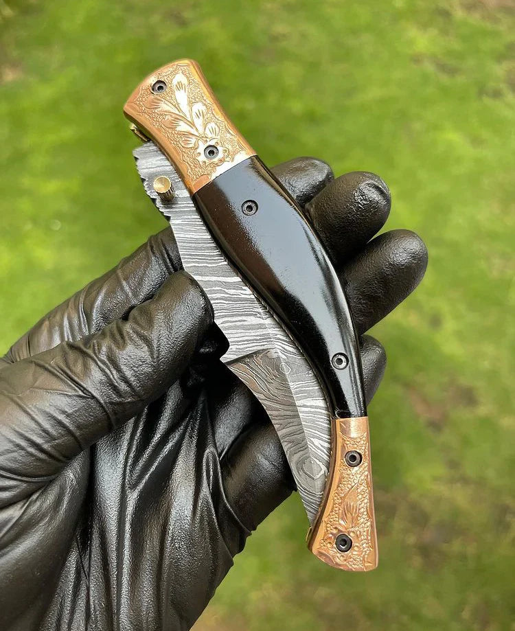 Load image into Gallery viewer, Custom Handmade Damascus Blade EDC Folding Pocket Knife with Color Bone Handle &amp; Brass Engraved Bolster - Includes Leather Sheath
