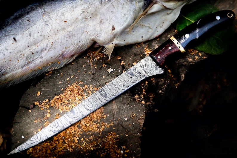 Load image into Gallery viewer, Handmade Damascus Fillet Knife 13" – Buffalo Horn, Rosewood &amp; Brass Handle with Leather Sheath
