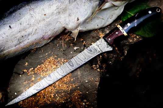 Handmade Damascus Fillet Knife 13" – Buffalo Horn, Rosewood & Brass Handle with Leather Sheath