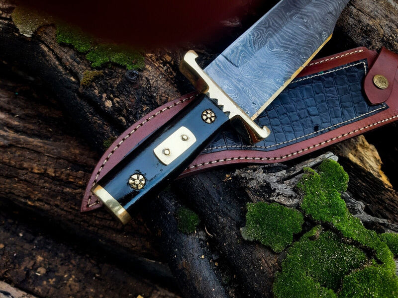 Load image into Gallery viewer, 13-Inch Damascus Steel Cowboy Bowie Knife with Buffalo Horn Handle &amp; Leather Sheath – Perfect Gift for Knife Enthusiasts
