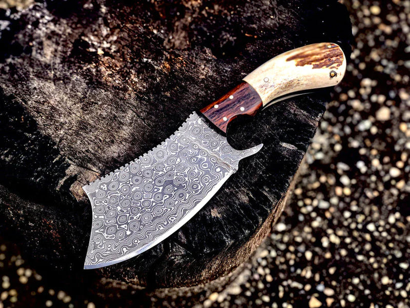 Load image into Gallery viewer, Handmade Damascus Steel Cleaver Knife with Antler Horn Handle &amp; Rosewood Bolster - Includes Leather Sheath

