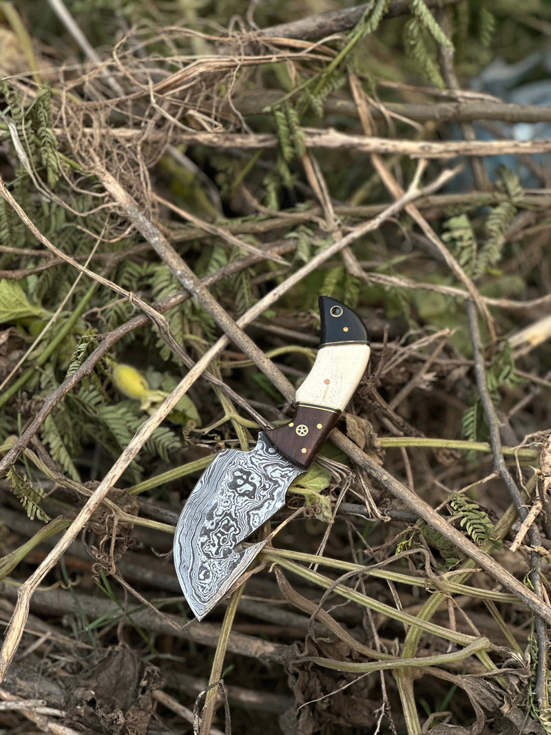 Load image into Gallery viewer, Custom Handmade Damascus Steel Guthook Skinning Knife with Rosewood, Camel Bone &amp; Black Sheet Handle - 7.5” with Leather Sheath
