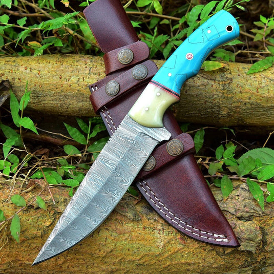 Custom Handmade Damascus Steel Hunting Knife – 10-Inch Blade with Resin Handle, Includes Leather Sheath