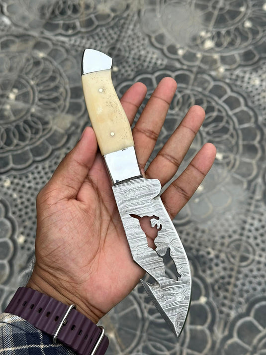 Custom Handmade Damascus Steel Knife in a Belt – Camel Bone Handle