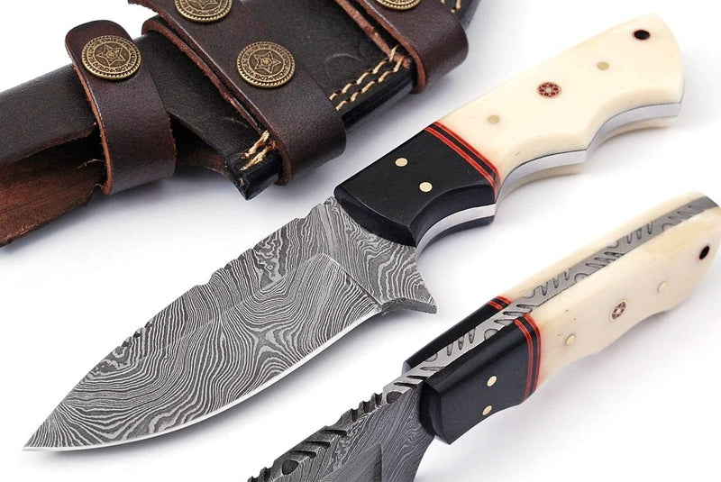 Load image into Gallery viewer, Custom Handmade 4.5&quot; Damascus Steel Skinning Knife – Buffalo Horn and Camel Bone Handle
