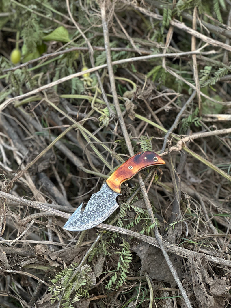 Load image into Gallery viewer, Custom Handmade Damascus Steel Guthook Skinning Knife with Camel Bone Handle - 7.5” Blade with Leather Sheath
