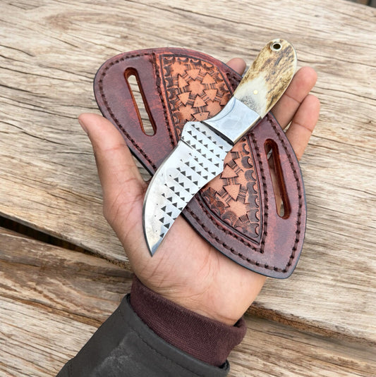 Handmade Ranch Cowboy Knife with Stag Horn Handle | Winter Survival Leather Sheath