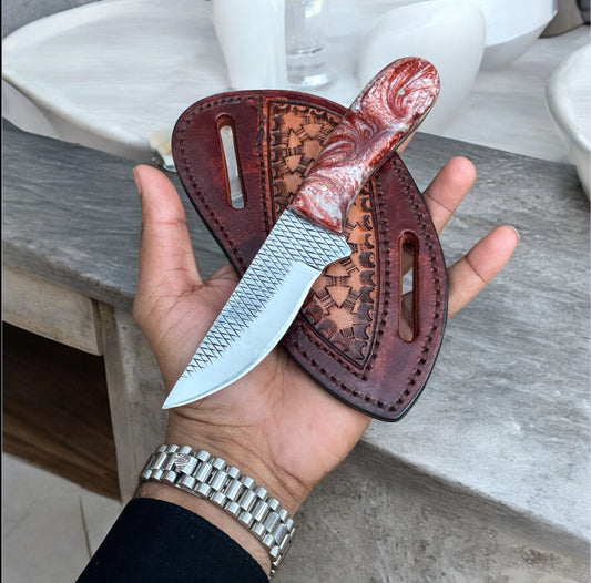 Premium Handmade Western Knife & Sheath – Damascus Blade with Resin & Rosewood Handle