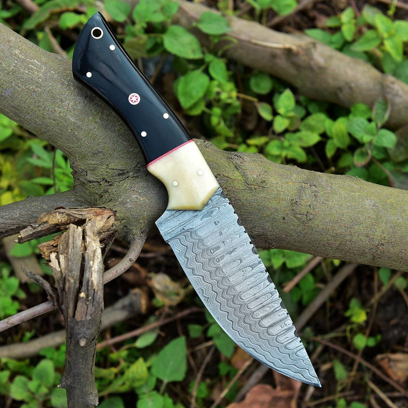 Load image into Gallery viewer, Custom Handmade Skinning Knife - Damascus Steel Blade, Buffalo Horn &amp; Camel Bone Handle
