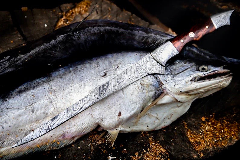 Load image into Gallery viewer, Handmade Damascus Steel Fish Fillet Knife – 13” Rosewood Handle &amp; Leather Sheath
