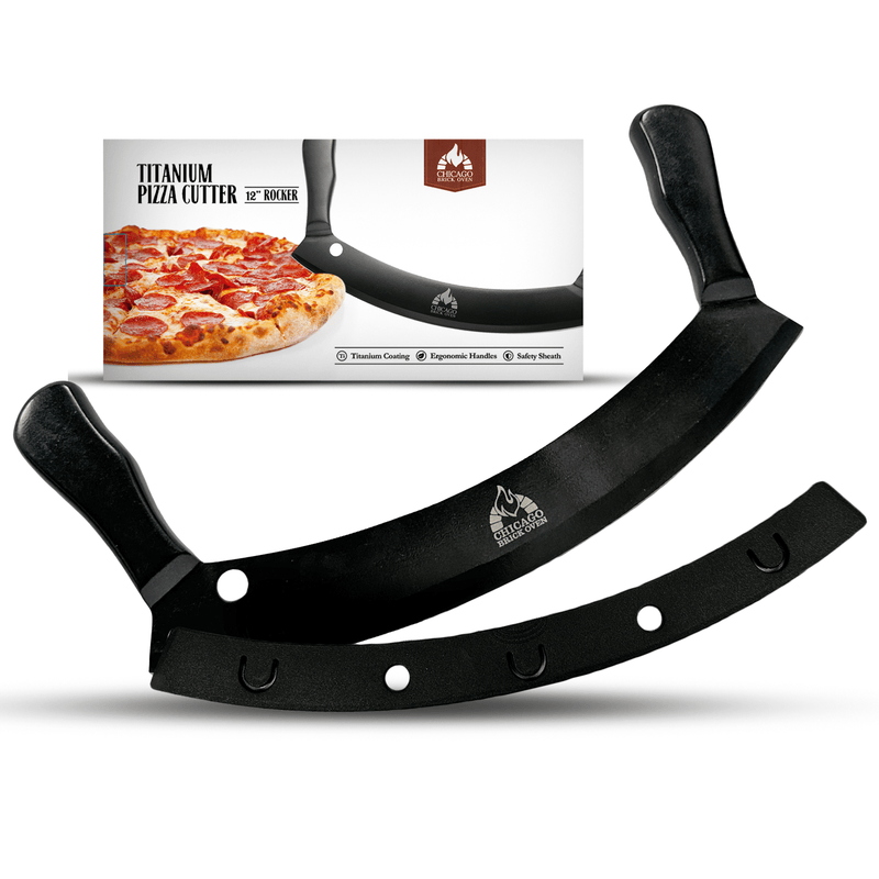Load image into Gallery viewer, 12-Inch Heavy-Duty Pizza Cutter Rocker Blade – Stainless Steel Mezzaluna Knife with Titanium Coating – Professional Pizza Cutter w/ Protective Cover

