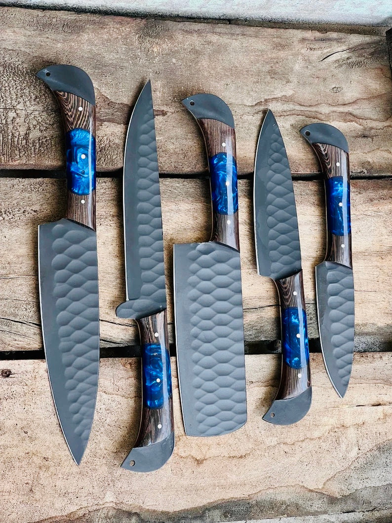 Load image into Gallery viewer, Knife Set for Sale – 13&quot; Forged Damascus Steel Chef Knife with Wenge Wood Resin Handle &amp; Leather Sheath
