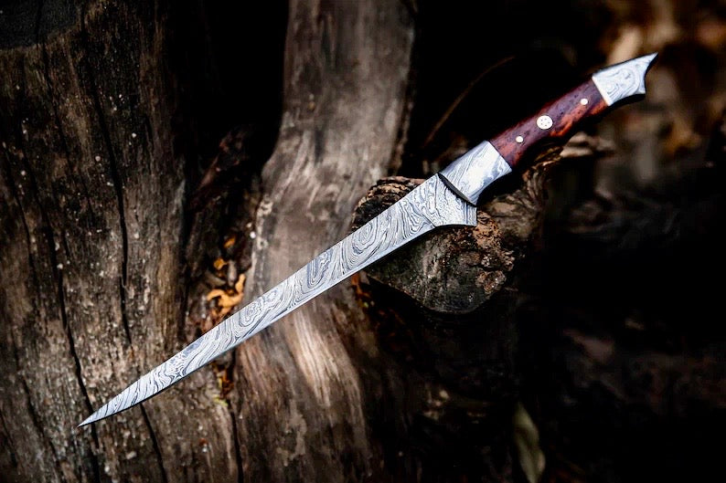 Load image into Gallery viewer, Handmade Damascus Steel Fish Fillet Knife – 13” Rosewood Handle &amp; Leather Sheath

