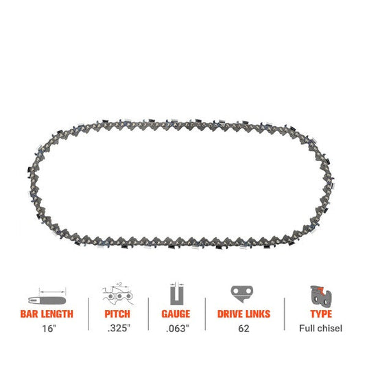 16 Inch Full chisel Chain .325 .063 62 DL For Stihl MS250 MS210 MS230 MS230C MS250C 012 021 025 Gas Chainsaw - Low kickback
