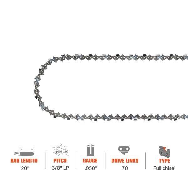 Load image into Gallery viewer, 20 Inch Chain 3/8 Pitch .050 Gauge 70 DL For Poulan Pro PP5020av Echo CS-590 CS-600S CS500 CS510 CS600P Chainsaw # E70 D70 72LPX070G Full Chisel
