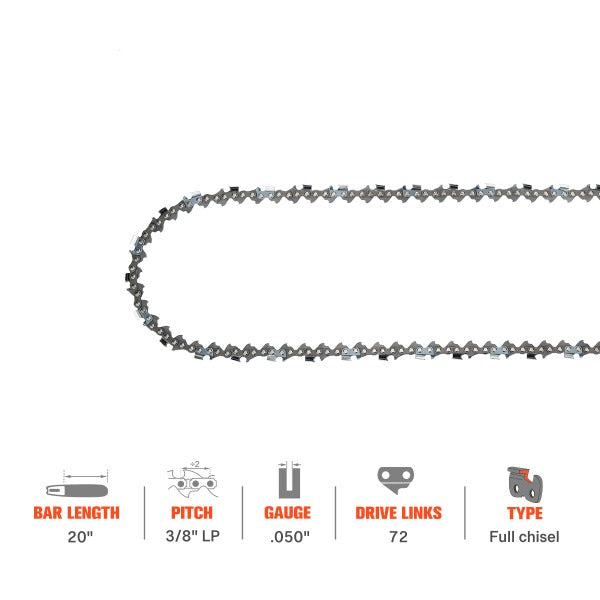Load image into Gallery viewer, 20 Inch Full Chisel Chain 3/8 Pitch .050 Gauge 72 DL For Husqvarna 455 Rancher 450 Stihl MS290 029 MS260 026 Chainsaw # Oregon D72 72EXL072G
