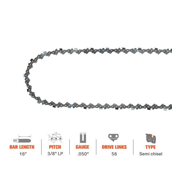 Load image into Gallery viewer, 16 Inch Chain 3/8 LP .050 Gauge 56 DL For S56 Poulan 2050 2150 2375 Ryobi RY3716 RY43006 Oregon CS1200 CS1400 CS300 Chainsaw
