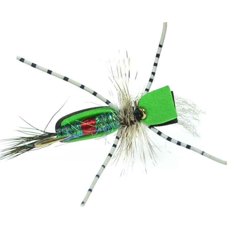 Load image into Gallery viewer, Hippie Stomper Black Green Foam Body Grasshopper Dry Fly - 4 Flies  Size 10
